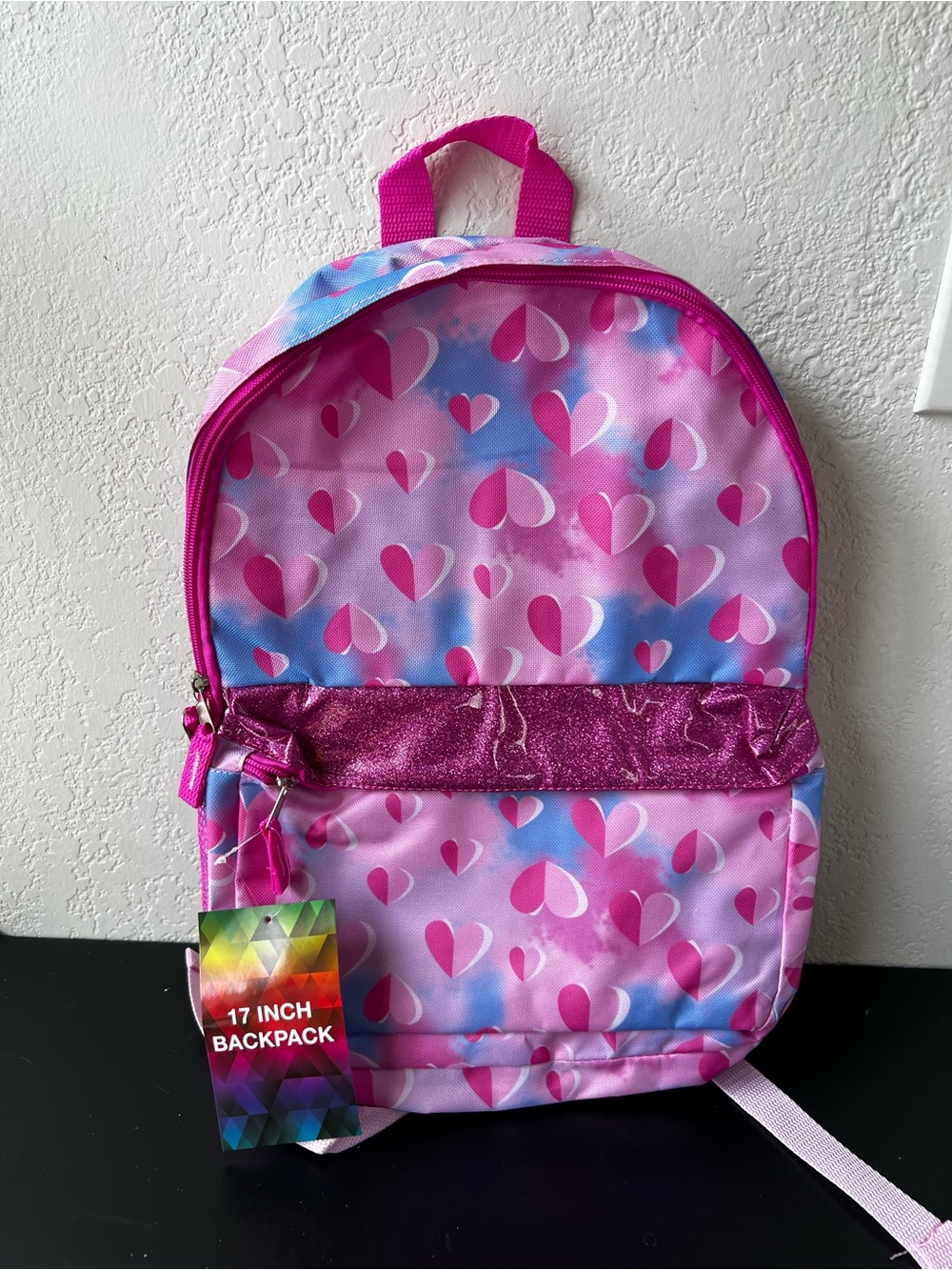 NWT A.D. Sutton 17" Girls Backpack Pink Blue Tie Dye Hearts Glitter